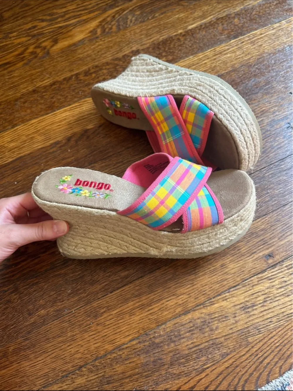 Skechers Pink Multi-Color Plaid Espadrille Wedge Sandals